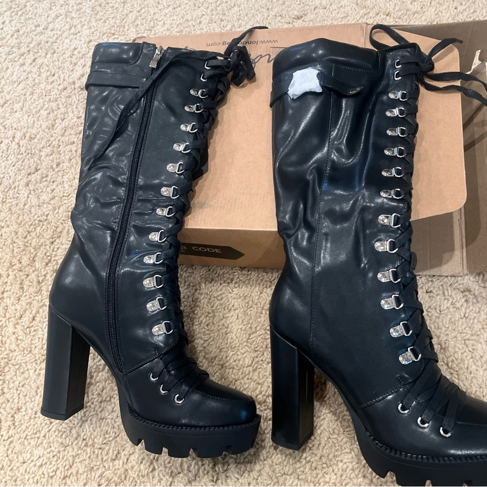 Black Lace-Up High Heel Boots